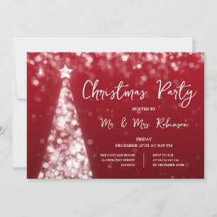 Christmas Party Silver Red Tree Sparkle Lights Invitation