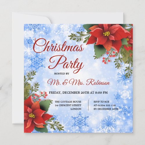 Christmas Party Silver Sparkle Blue Poinsettia  Invitation