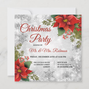 Christmas Party Silver Sparkle Red Poinsettia  Invitation