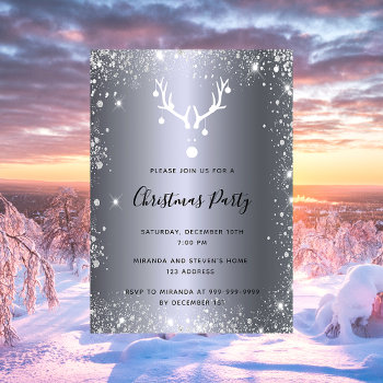 Christmas Party Silver Sparkles Reindeer Nordic Invitation by Nordic_designs at Zazzle