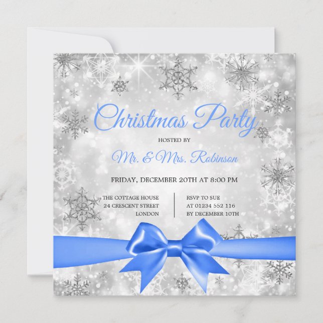Christmas Party Silver Winter Sparkle Blue Ribbon Invitation (Front)