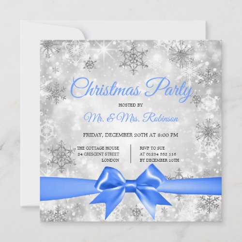 Christmas Party Silver Winter Sparkle Blue Ribbon Invitation