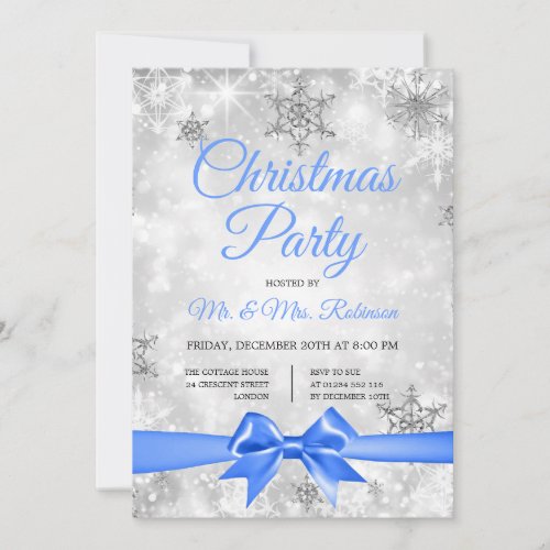 Christmas Party Silver Winter Sparkle Blue Ribbon Invitation