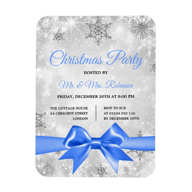 Christmas Party Silver Winter Sparkle Blue Ribbon Magnet (Vertical)