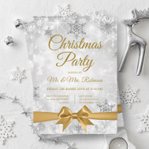 Christmas Party Silver Winter Sparkle Gold Ribbon Invitation