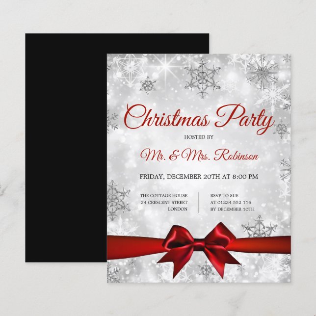 Christmas Party Silver Winter Sparkle Red Ribbon (Front/Back)