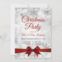 Christmas Party Silver Winter Sparkle Red Ribbon Invitation