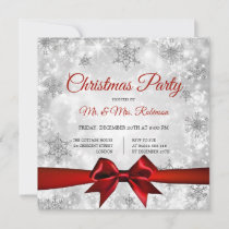 Christmas Party Silver Winter Sparkle Red Ribbon Invitation