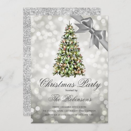 Christmas Party  Silver Xmas Tree Lights Ribbon Invitation