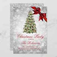 Christmas Party | Silver Xmas Tree Ribbon Glitter Invitation