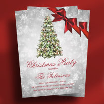 Christmas Party | Silver Xmas Tree Ribbon Glitter Invitation