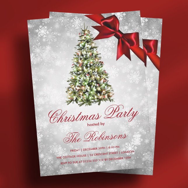 Christmas Party | Silver Xmas Tree Ribbon Glitter Invitation (Christmas Party | Silver Xmas Tree Ribbon Glitter Invitation)