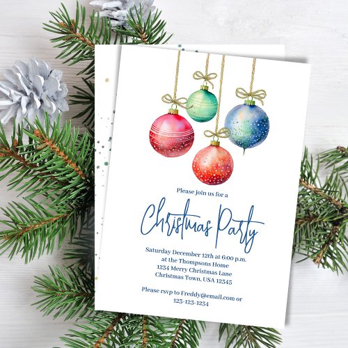Christmas Party Simple Watercolor Ornaments Invitation