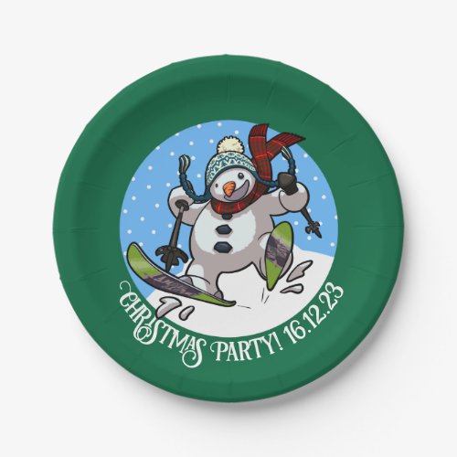 Christmas Party Skiing Snowman Woolly Hat Cartoon Paper Plates
