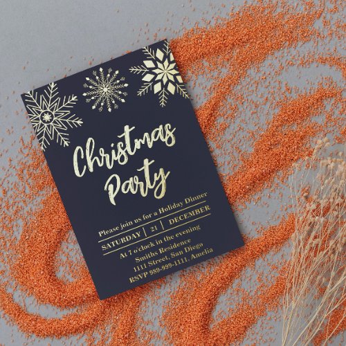 Christmas Party snowflake Gold Blue Modern Foil Invitation