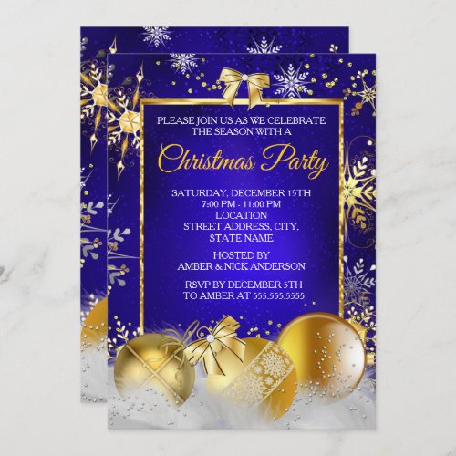 Christmas Party Snowflake Royal Blue Gold Bauble Invitation