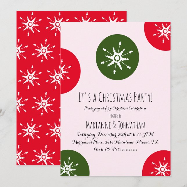 Christmas Party Snowflakes Pink Red Dots Invitation (Front/Back)
