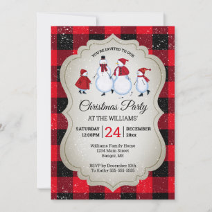 Christmas Party Snowman Skating Buffalo Plaid Invitation
