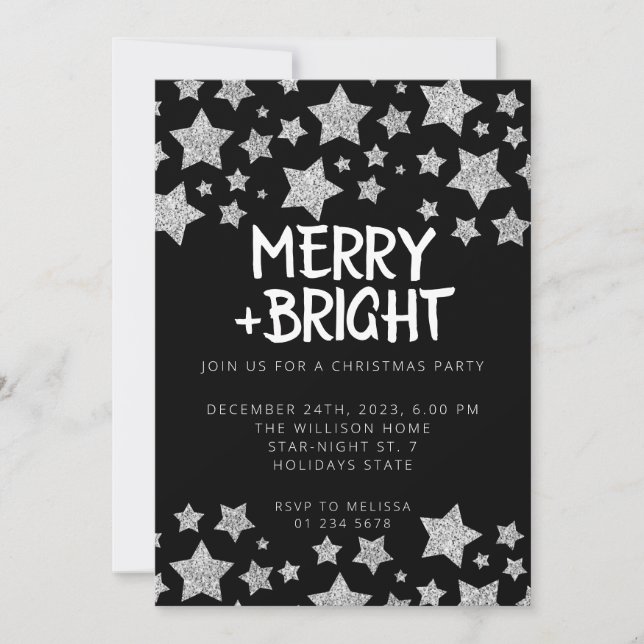 Christmas party Sparkle Stars Merry bright black Invitation (Front)