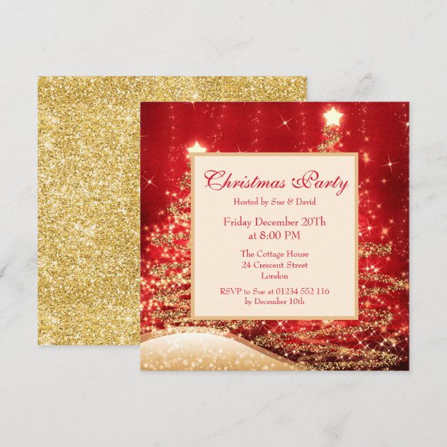 Christmas Party Sparkling Trees Red w/ Glitter Invitation (Front/Back)
