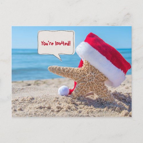 Christmas Party starfish with hat on beach Announcement Postcard