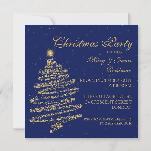 Christmas Party Swirly Tree Gold  Navy Blue Invitation