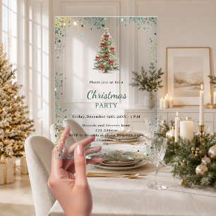 Christmas Party tree bows green glitter Acrylic Invitations