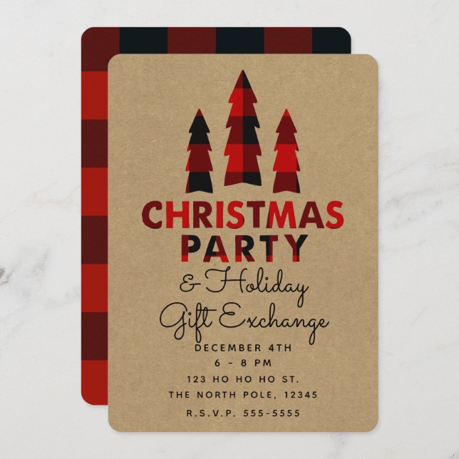 Christmas Party Trees Plaid Kraft Holiday Exchange Invitation (Front/Back)