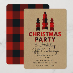 Christmas Party Trees Plaid Kraft Holiday Exchange Invitation