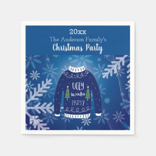 Christmas party ugly sweater blue snowflakes white napkins