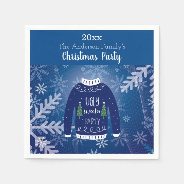 Christmas party ugly sweater blue snowflakes white napkins (Front)