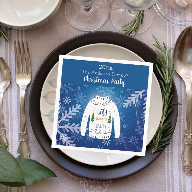 Christmas party ugly sweater blue snowflakes white napkins (Creator Uploaded)