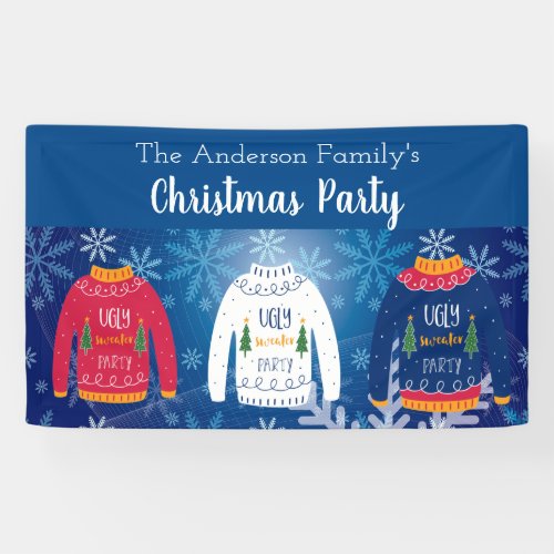 Christmas party ugly sweater red blue snow winter banner