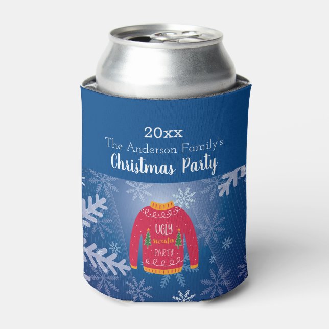 Christmas party ugly sweater red blue snowflakes can cooler (Can Front)