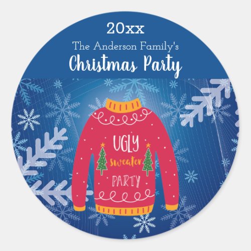 Christmas party ugly sweater red blue snowflakes classic round sticker