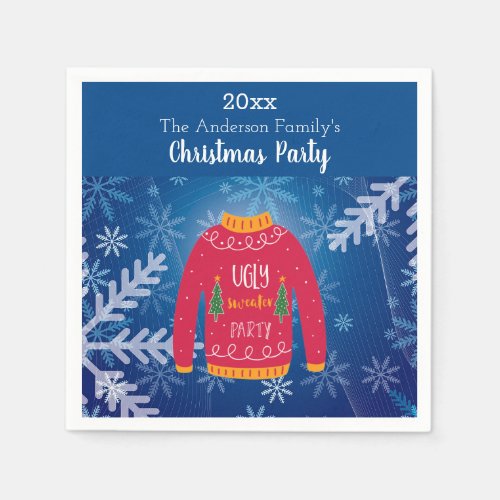 Christmas party ugly sweater red blue snowflakes napkins