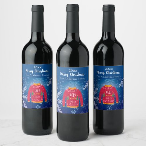 Christmas party ugly sweater red blue snowflakes wine label