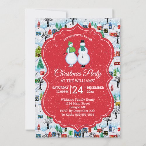 Christmas Party Village Snowmen Couple Skate Red Invitation