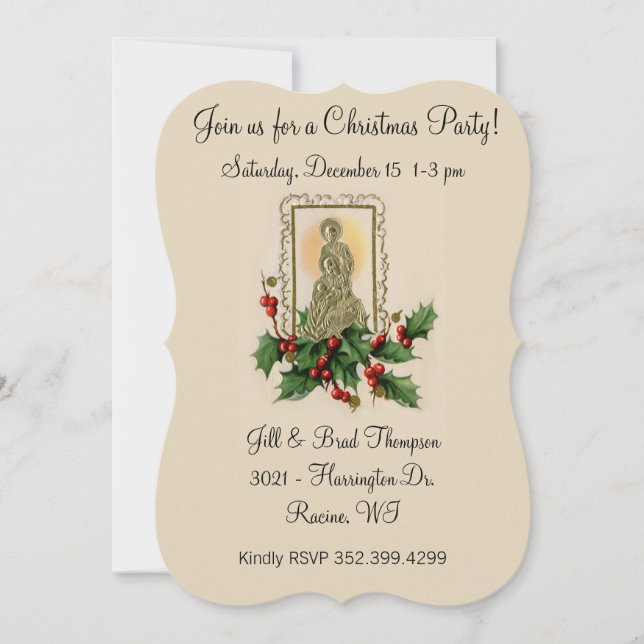 Christmas Party Vintage Nativity Holly Berries Invitation (Front)