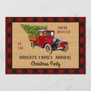Christmas Party Vintage Red Truck Tree Plaid Check Invitation