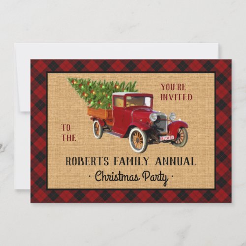 Christmas Party Vintage Red Truck Tree Plaid Check Invitation