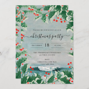 Christmas Party Watercolor Beach Coastal Holly Invitation