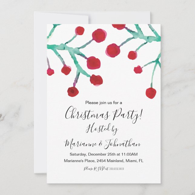 Christmas Party Watercolor Berries Hand Painted Invitation (Front)