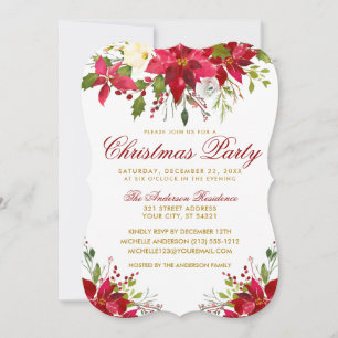 Christmas Party Watercolor Floral Poinsettia Invitation