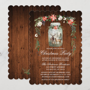 Christmas Party Watercolor Floral Wood Mason Jar Invitation