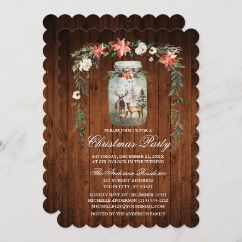 Christmas Party Watercolor Floral Wood Mason Jar Invitation