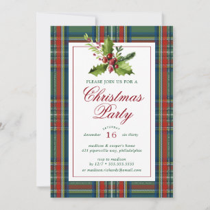 Christmas Party Watercolor Holly Plaid Invitation