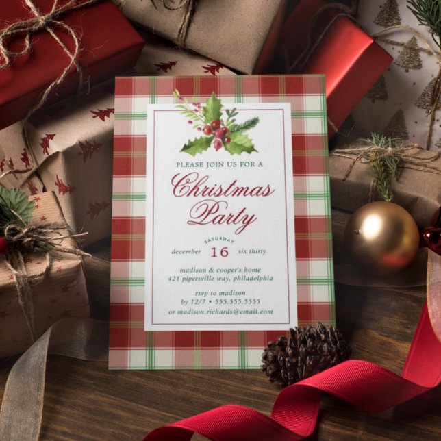 Christmas Party | Watercolor Holly Plaid Postcard (Creator Uploaded)