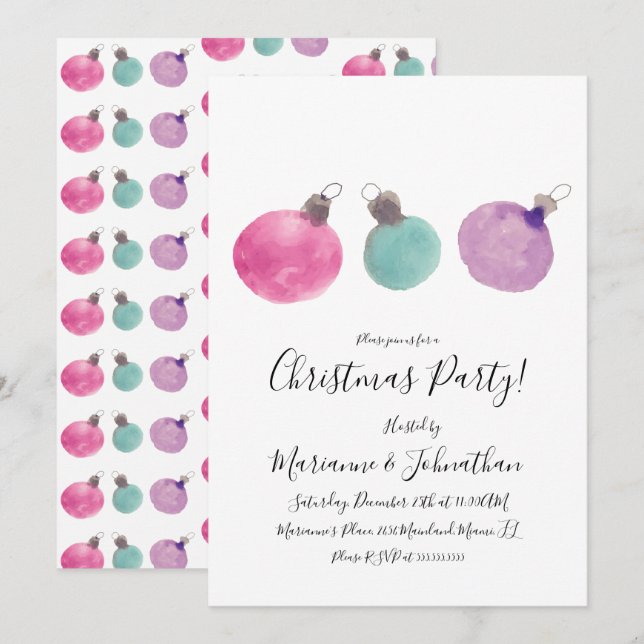 Christmas Party Watercolor Ornaments Hand Painted Invitation (Front/Back)