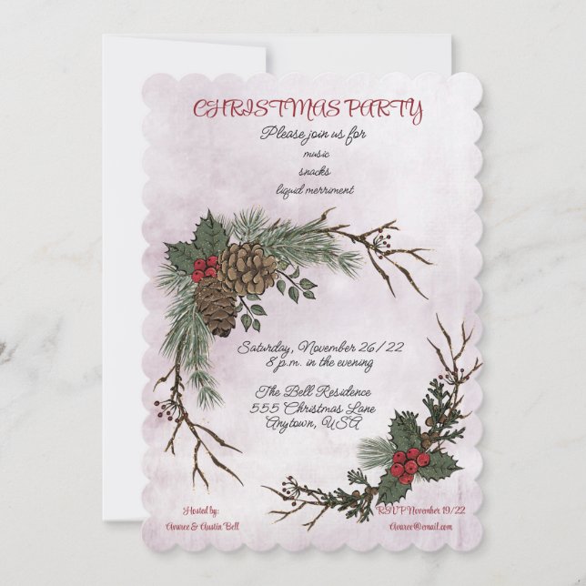 Christmas Party Watercolor Pine Cone Wreath Announcement (Front)